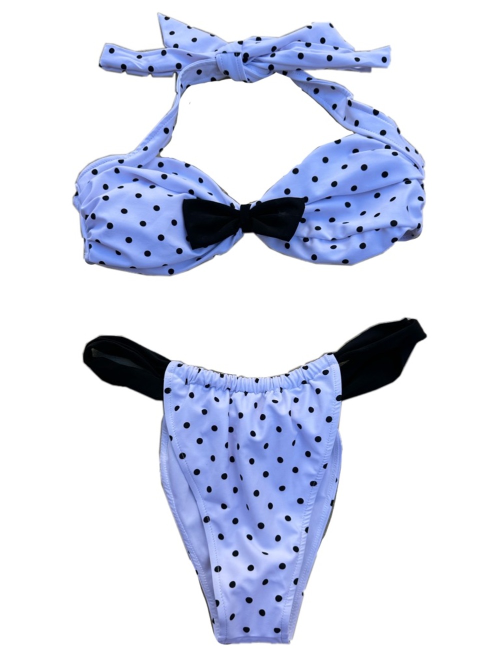 Polka Dot Bandeau Bikini Set with Black Bow - White & Black